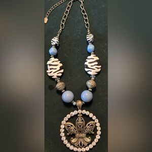 Zebra Pattern Necklace with Blue and Silver Accents